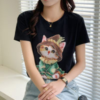 Womens T-shirts Short Sleeve Cotton Tshirt Korean Style Fashion Printed Tee Round Neck Loose Casual Tops