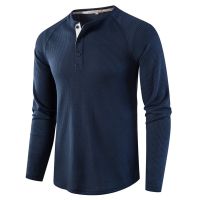 ens Casual Henley Waffle Shirt Long Sleeve Slim FIt T-Shirt Solid Color Round Neck Button Down Pullover Shirts Tops