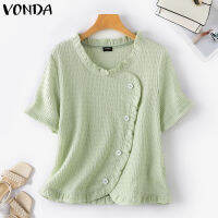 Fancystyle VONDA เสื้อผู้หญิงอารมณ์แขนสั้นเฉียงเสื้อมีกระดุมหรูหราเนื้อสีทึบ #2