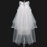 Women Wedding Veil Dressสีขาวbowknotชั้นTulleริบบิ้นขอบเจ้าสาวveils