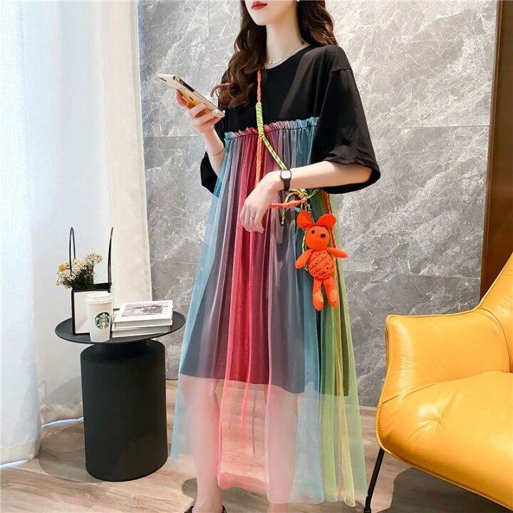 yf-2023-women-summer-rainbow-color-mesh-patchwork-sweet-casual-dresses-korean-style-o-neck-short-sleeve-loose-streetwear-midi-dress