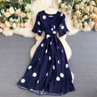 ❁℗ Polka Dot Chiffon Dress Women Korean V neck Short Sleeve Summer Midi Dresses