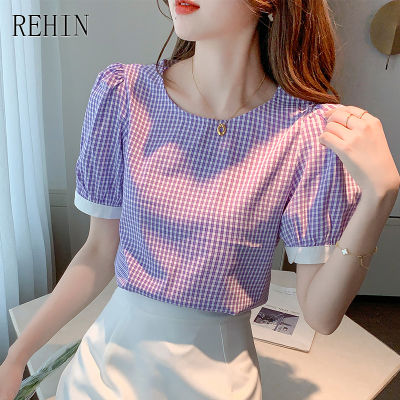 REHIN เสื้อเชิ้ตแขนสั้นลายสก็อตอเนกประสงค์ของผู้หญิง,เสื้อเบลาส์ใหม่ฤดูร้อนแบบเรียบง่ายหรูหรา