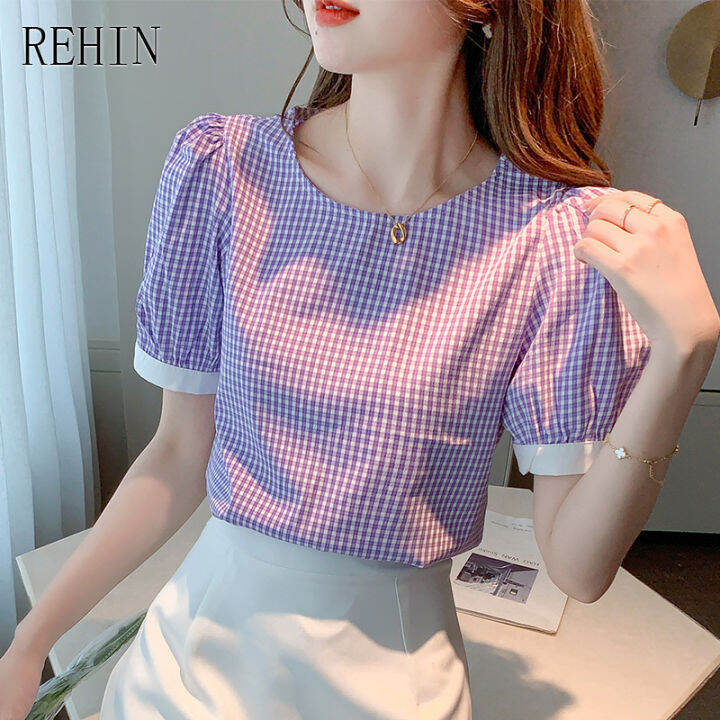 rehin-เสื้อเชิ้ตแขนสั้นลายสก็อตอเนกประสงค์ของผู้หญิง-เสื้อเบลาส์ใหม่ฤดูร้อนแบบเรียบง่ายหรูหรา