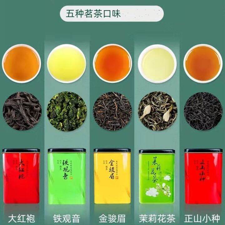 กระป๋องเหล็ก-biluochun-tieguanyin-jinjunmei-แลปแซงซูชองรวมกันหลากหลายสีเขียวชาดำชา