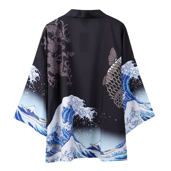 yukata-ผู้ชายญี่ปุ่นโบกเสื้อคาร์ดิแกน-kimono-ดำเสื้อผ้าญี่ปุ่นโค้ทพิมพ์ลายปลาคาร์พแบบดั้งเดิม