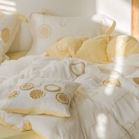 [COD] Small fresh double-layer yarn soft four-piece set pastoral style flower embroidery pure quilt bed sheet bedding