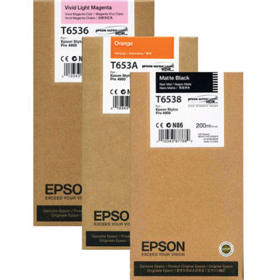 ตลับหมึกEPSON T6538 Matte Black / T6536 Vivid Light Magenta / T653A Orange ( 200ml )