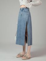 (ร้อน) FINEWORDS ฤดูร้อนเกาหลีคลาสสิกสีฟ้า Denim กระโปรงยาวผู้หญิงแยก Vintage Casual Harajuku กระโปรง Streetwear ตรง Jean กระโปรง