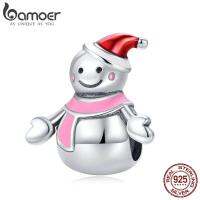 BAMOER แท้925เงินสเตอร์ลิงนางสาว Snowman สีแดงและสีชมพูเคลือบ Charms พอดีกับสร้อยข้อมือและกำไลเครื่องประดับ DIY ทำ SCC854 SCC855