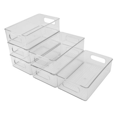 6Pcs Refrigerator Organizer Bins Stackable Fridge Organizers with Cutout Handles Clear Plastic Pantry Food Storage Rack