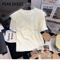 PEAR DODO เสื้อยืดแขนสั้นผ้าชีฟองจีบทรงหลวมสำหรับผู้หญิงจากเกาหลี