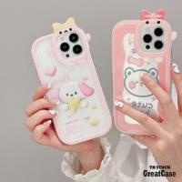 Cute Dog/Bear สำหรับ iPhone 14 Pro Max 13 Pro Max 12 Pro Max 11 Pro Max X XR Xs Max สูงสุด8 7 14 Plus SE 2020 การ์ตูนน่ารัก กล้อง Bow เคสโทรศัพท์ Clear Soft TPU ป้องกัน CASE