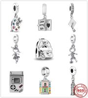 New925 Sterling Silver School Boys Girls Book and Painting Plate Charm Pendant with original Pandora bracelet Ladies DIY jewelry