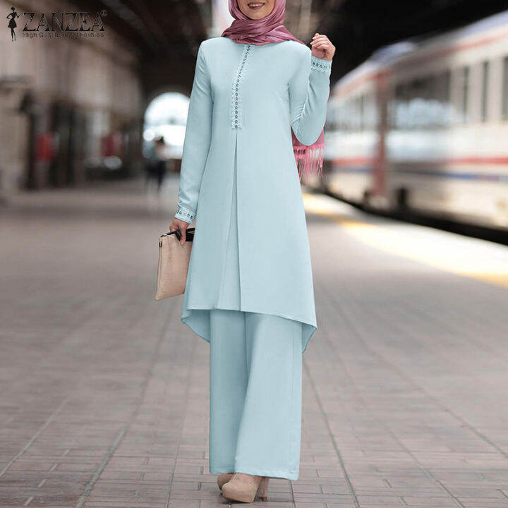 HijabFab ZANZEA Muslimah Women Muslim Coordinates Pants Sets Asymmetric Tops +Wide Leg Pants