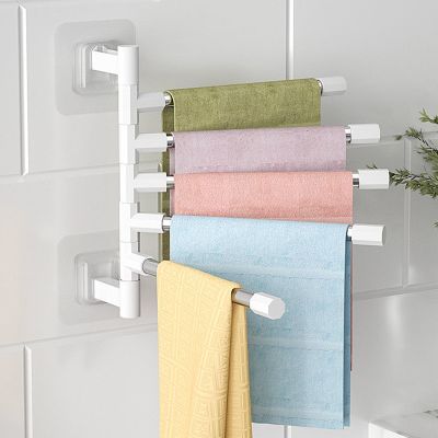 Bathroom Towel Rack Rotatable Towel Holder Space Aluminum 2/3/4/5-Bar Towel Hanger Kitchen Shelf Paper Hanging Wall Mounted Bathroom Counter Storage