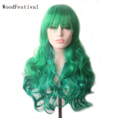 WoodFestival Green Synthetic Wig With Bangs Cosplay Wavy Wigs For Women Long Hair Purple Pink Red Blue White Rainbow Colored