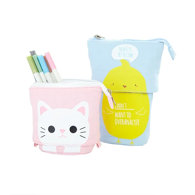 Canvas Cartoon Cute Pencil Bag Retractable Fabric Pencil Case Fold