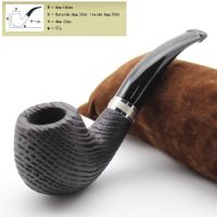 ☋♘㍿ Vintage Natural Bog Oak Wood Tobacco Smoking Pipe Handmade Sandblast Wooden Round Bowl Silver Plated Ring Pipes Set 9mm Filters