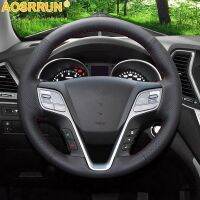 【YF】 AOSRRUN Black Leather Hand-stitched Car Steering Wheel Cover for Hyundai Ix45 Santa Fe 2013 2014 2015 2016 Accessories