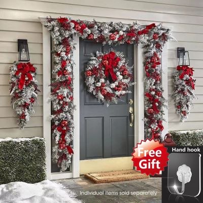 Karangan Bunga Natal untuk Pintu Depan Natal Ornamen Bola Merah Karangan Bunga untuk Pintu Jendela Mantel Dalam Ruangan Luar Ruangan Dekorasi Natal