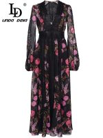 【YF】 LD LINDA DELLA Designer Autumn Winter Dress Womens Lace Lantern sleeve High waist Flower Print Party Vintage Black Midi