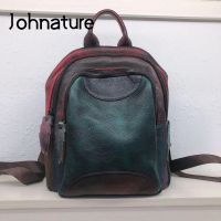 Johnature หนังแท้กระเป๋าเป้สะพายหลัง2022ใหม่ชั้นแรก Cowhide ผู้หญิงกระเป๋าเย็บสีสุ่มลำลองความจุขนาดใหญ่เป้