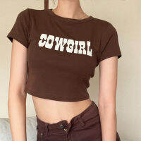 โอมากๆ?แฟชั่น เสื้อยืดครอป สกรีน COWGIRL 2 สี แขนสั้นคอกลม ผ้านิ่มเด้ง