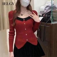 IELGY เสื้อคาร์ดิแกนแบบถักผู้หญิง,สีฝรั่งเศสที่เข้ากันผิดปกติใส่สบาย