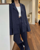 coterie  (SET) Boxy Shirt with Slit Pants - Navy Striped