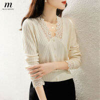 ✟ MISUMIXIU 2021คุณภาพสูงและใหม่ผ้าลูกไม้ V-Neck Patchwork เสื้อกันหนาวสำหรับสุภาพสตรีแฟชั่นแขนยาวเสื้อถัก Lady