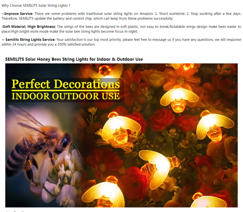 SEMILITS Solar String Lights 20LED Outdoor Waterproof Simulation Honey Bees  Decor for Garden Xmas Decorations Warm White