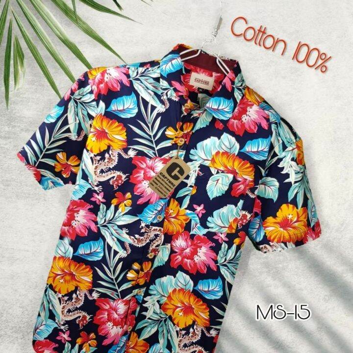 capture-shirt-เสื้อเชิ้ตผู้ชาย-แขนสั้น-คอปก-ผ้า-cotton100-ลายชบามังกร-สีฟ้า-มีถึงอก-48-นิ้ว