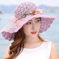 【CC】 Raffia Bow Hat Large Brimmed Folding Beach Protection Uv Panama With Capeu