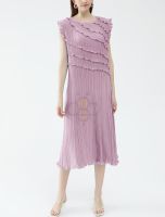 ❂ Aiden001 Average Size Summer Pleated Round Neck Wood Ear Side Splicing Sleeveless Solid Color Dress 6122