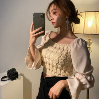 OCEANLOVE Short Sweaters Womens Solid Chiffon Sleeve Patchwork Mujer Sueteres Korean Sexy Autumn Pullovers Fashion 18775