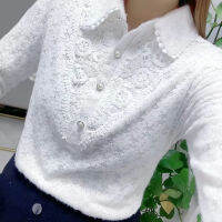 【YY】White All-match Fashion Jacquard Open Stitch Shirt Long Sleeve Polo-Neck Office Lady Chic Sexy Spring Autumn Loose Casual Blouse