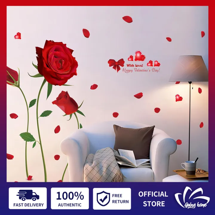 Red Rose Wall Stickers Decals Removable Wallpaper Large Size Wall Art  Murals Flower Background Decoration Romantic Happy Valentine's Day Decor  for Bedroom Living Room Sitting Room TV Decoration Decor Home Poster |