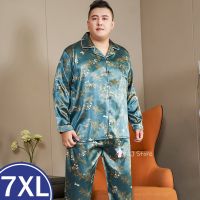 Men Pajama Sets Silk Satin Pijama Turn-down Collar Sleepwear Large Size Long Sleeve Autumn Nightwear Male 2 Pieces Sets Homewear