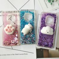 【Yellow peach flavor】 Squishy Cat สำหรับ Samsung S9 Plus S8 S20 S10 S7 Edge J3 J7 J5 2017 A50 A70 A51 A71 A91โทรศัพท์ Glitter Liquid Clear Cover