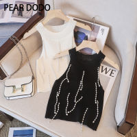 PEAR DODO เสื้อกั๊กถักสำหรับผู้หญิงคอแขวนแขนกุดเครื่องประดับพู่ไข่มุก