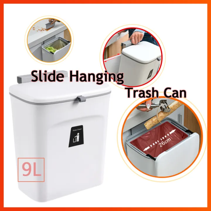 Slide Hanging Trash Can 9L Sliding Design Trash Bin Builtin Scraper