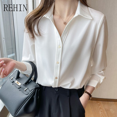 REHIN เกาหลีแฟชั่นแบบใหม่เสื้อชีฟองทรงหลวมอเนกประสงค์ของผู้หญิงเสื้อแขนยาวมีช่องสำหรับฤดูใบไม้ผลิ