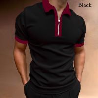 Men Fashion Patchwork Short Sleeve Polo Shirts Black Casual Turn-down Collar Zipper Design Tops 2021 Summer Mens Streetwear