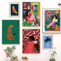 Goodstore Tropical Cheetah Girl สระว่ายน้ำดอกไม้ Botanical Bird Wall Art ภาพวาดผ้าใบโปสเตอร์และพิมพ์สำหรับตกแต่งห้องนั่งเล่น