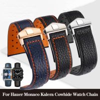 （A New Well Sell ） 22mm Genuine Leather Watchband Men 39;s for Heuer Monaco on Kalera Watch Bracelet with Folding Buckle Breathable Strap Black Blue