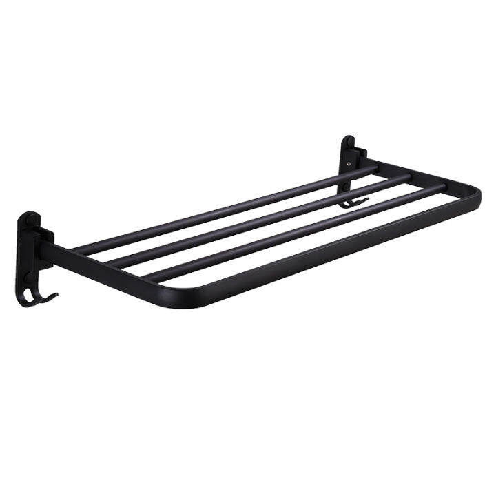 black-punch-free-single-layer-foldable-towel-rod-european-style-bathroom-alumimum-double-wall-hanging-towel-rack-with-double-hooks