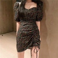 2021summer new French puff sleeve hip skirt retro crimp small floral dress women long black korean large size dresses