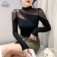 YIMEI เสื้อโชว์ไหล่ผู้หญิงสีดำเสื้อยืดแขนยาวฟิตเนส2023สีดำเข้ารูปพอดีแฟชั่นใหม่