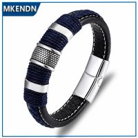 [ladies jewelry] MKENDN พังก์หลายถักเปียสร้อยข้อมือหนังสีฟ้าแท้ไทเทเนียมสแตนเลสแม่เหล็กเจ้าชู้สร้อยข้อมือผู้ชาย Homme Pulseras